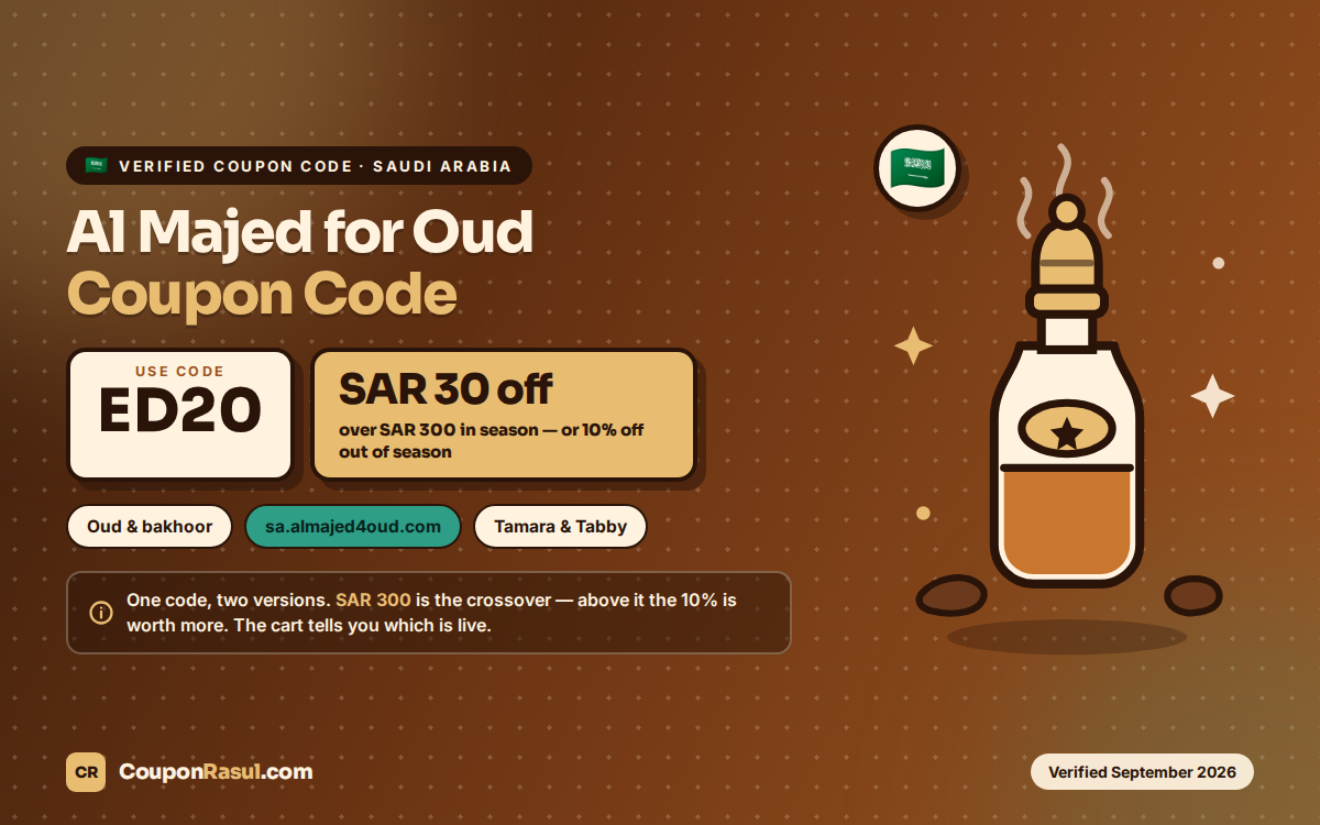 Al Majed for Oud Coupon Code ED20 — SAR 30 Off or 10%, Saudi Arabia